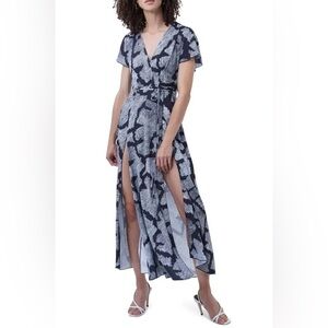 French Connection Remy Wrap Midi Dress Size 10 Blue White Front Slits V Neck
